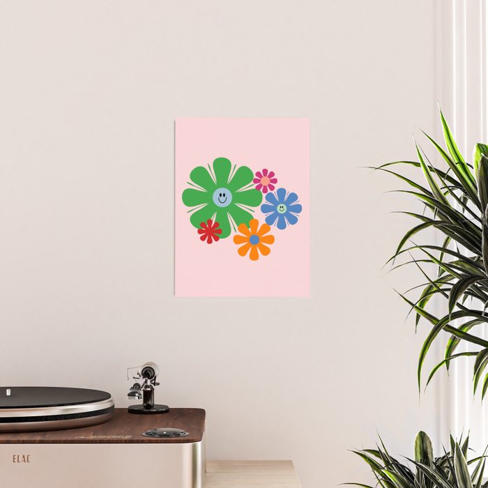 Happy Retro Flowers 60s 70s Smiley Face Colorful Spring Floral on Pink Poster Gallery Image 2