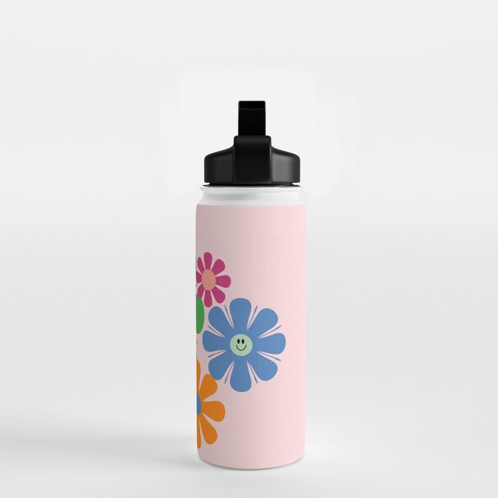 Happy Retro Flowers 60s 70s Smiley Face Colorful Spring Floral on Pink Water Bottle Gallery Image 2