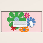 Happy Retro Flowers 60s 70s Smiley Face Colorful Spring Floral on Pink Desk Mat Gallery Image 1