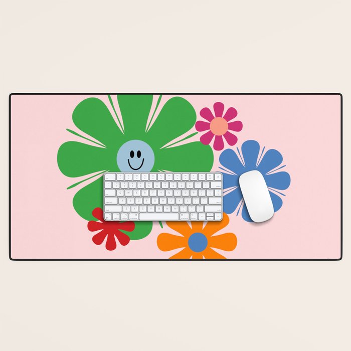 Happy Retro Flowers 60s 70s Smiley Face Colorful Spring Floral on Pink Desk Mat Gallery Image 1