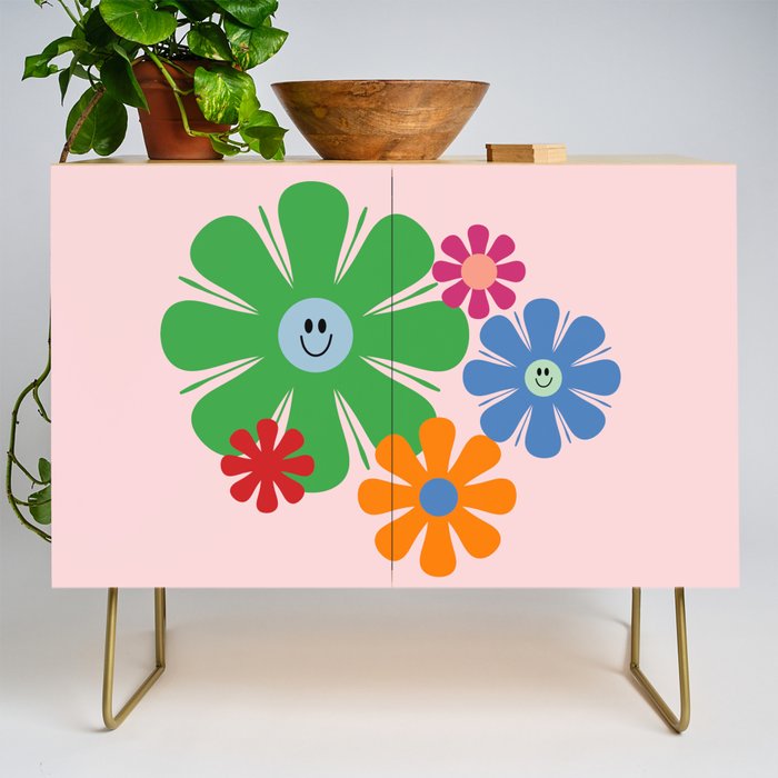 Happy Retro Flowers 60s 70s Smiley Face Colorful Spring Floral on Pink Credenza Gallery Image 1