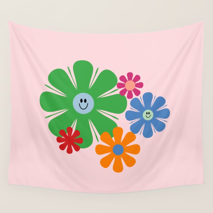 Happy Retro Flowers 60s 70s Smiley Face Colorful Spring Floral on Pink Wall Tapestry Gallery Image 4