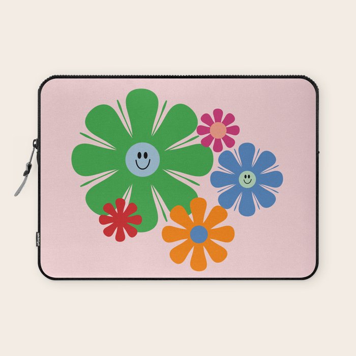 Happy Retro Flowers 60s 70s Smiley Face Colorful Spring Floral on Pink Laptop Sleeve Gallery Image 1