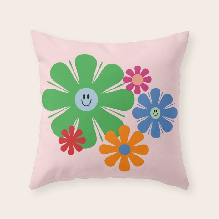Happy Retro Flowers 60s 70s Smiley Face Colorful Spring Floral on Pink Throw Pillow Gallery Image 6