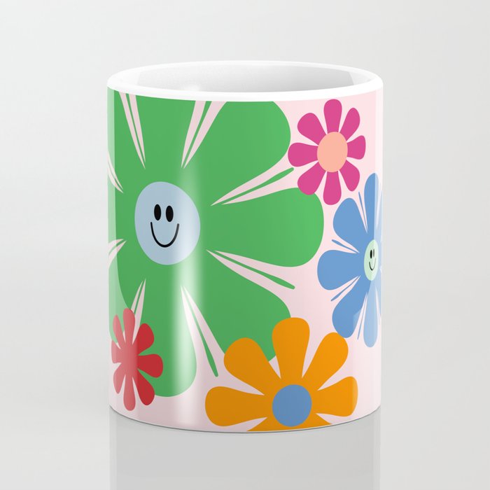 Happy Retro Flowers 60s 70s Smiley Face Colorful Spring Floral on Pink Coffee Mug Gallery Image 4