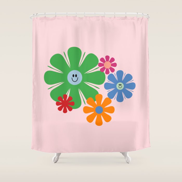 Happy Retro Flowers 60s 70s Smiley Face Colorful Spring Floral on Pink Shower Curtain Gallery Image 1