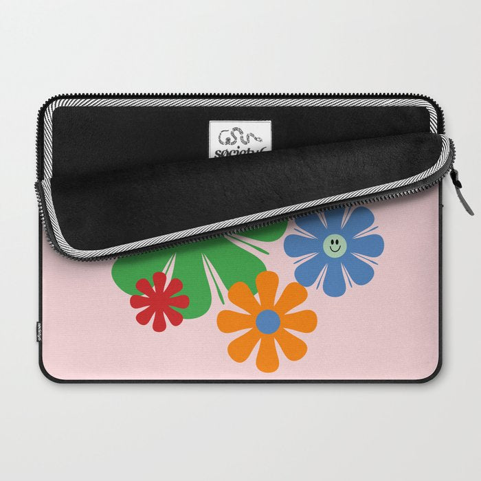 Happy Retro Flowers 60s 70s Smiley Face Colorful Spring Floral on Pink Laptop Sleeve Gallery Image 2
