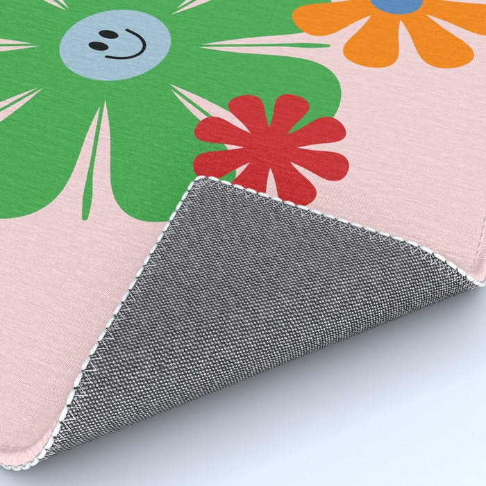 Happy Retro Flowers 60s 70s Smiley Face Colorful Spring Floral on Pink Rug Gallery Image 4