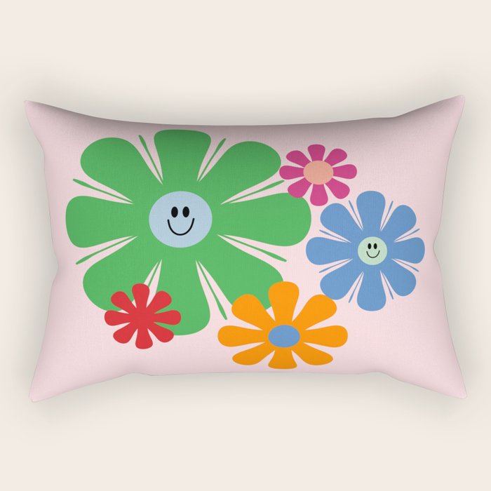 Happy Retro Flowers 60s 70s Smiley Face Colorful Spring Floral on Pink Rectangular Pillow Gallery Image 2