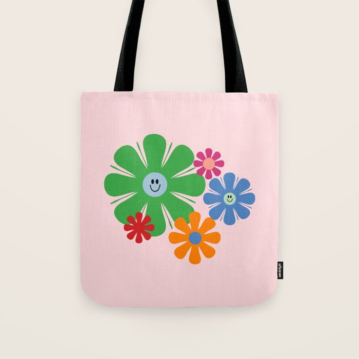 Happy Retro Flowers 60s 70s Smiley Face Colorful Spring Floral on Pink Tote Bag Gallery Image 1