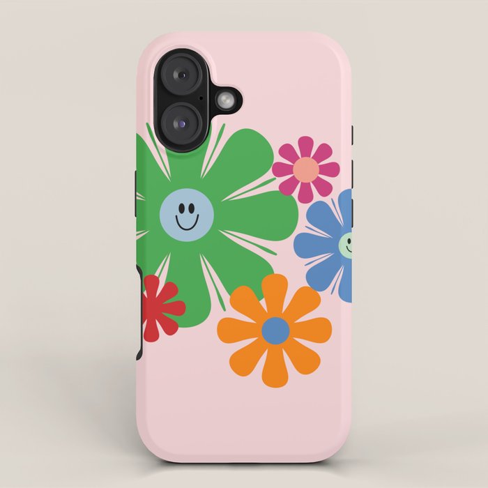 Happy Retro Flowers 60s 70s Smiley Face Colorful Spring Floral on Pink iPhone Case Gallery Image 1