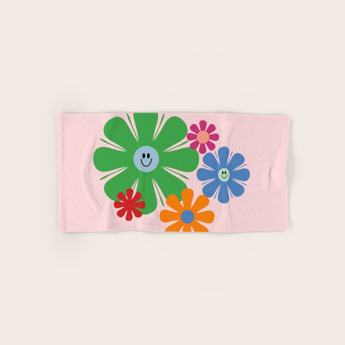 Happy Retro Flowers 60s 70s Smiley Face Colorful Spring Floral on Pink Bath Towel Gallery Image 1