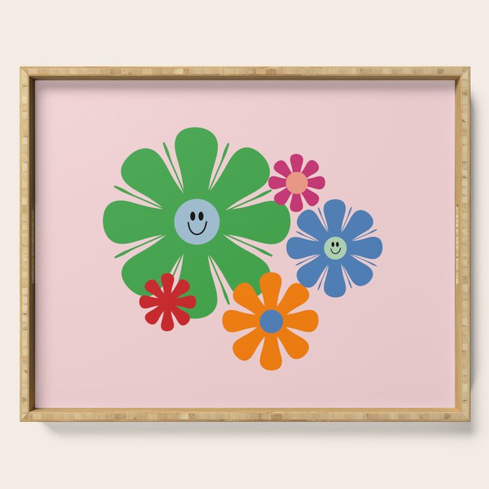 Happy Retro Flowers 60s 70s Smiley Face Colorful Spring Floral on Pink Serving Tray Gallery Image 1