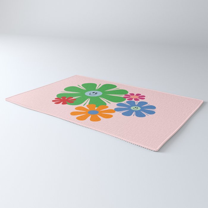 Happy Retro Flowers 60s 70s Smiley Face Colorful Spring Floral on Pink Rug Gallery Image 3