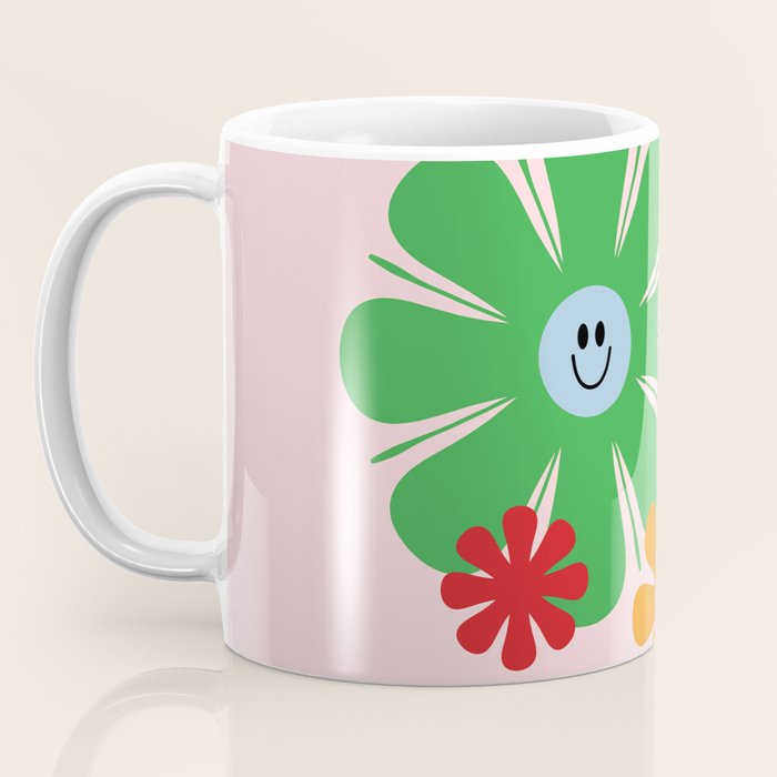 Happy Retro Flowers 60s 70s Smiley Face Colorful Spring Floral on Pink Coffee Mug Gallery Image 3