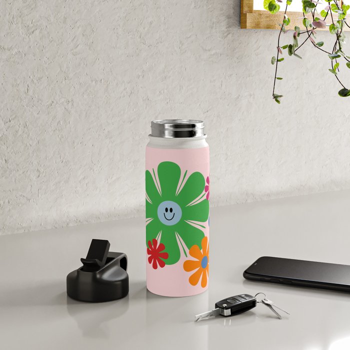 Happy Retro Flowers 60s 70s Smiley Face Colorful Spring Floral on Pink Water Bottle Gallery Image 4