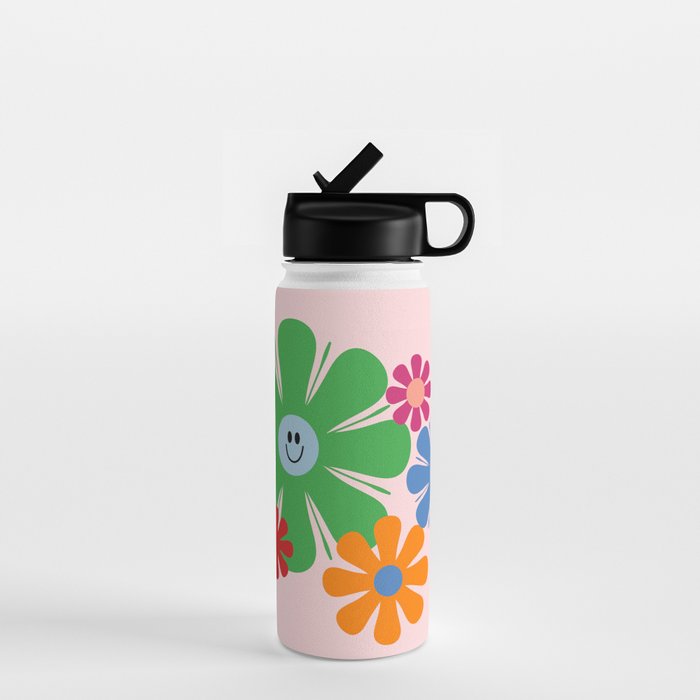 Happy Retro Flowers 60s 70s Smiley Face Colorful Spring Floral on Pink Water Bottle Gallery Image 1