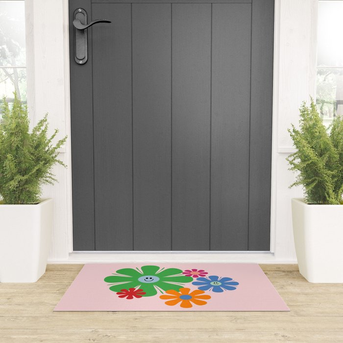 Happy Retro Flowers 60s 70s Smiley Face Colorful Spring Floral on Pink Welcome Mat Gallery Image 3