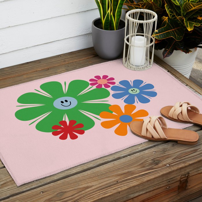 Happy Retro Flowers 60s 70s Smiley Face Colorful Spring Floral on Pink Outdoor Rug Gallery Image 2