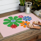 Happy Retro Flowers 60s 70s Smiley Face Colorful Spring Floral on Pink Outdoor Rug Gallery Image 2