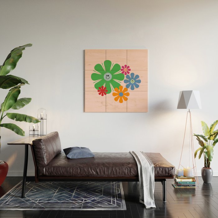 Happy Retro Flowers 60s 70s Smiley Face Colorful Spring Floral on Pink Wood Wall Art Gallery Image 2