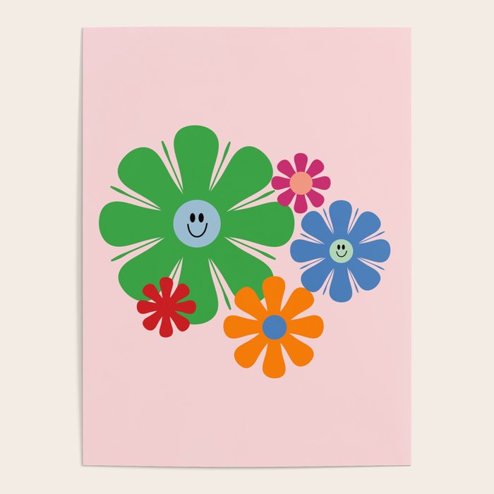 Happy Retro Flowers 60s 70s Smiley Face Colorful Spring Floral on Pink Poster Gallery Image 4