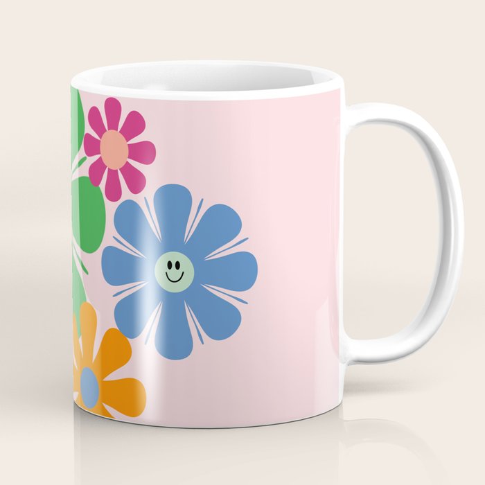 Happy Retro Flowers 60s 70s Smiley Face Colorful Spring Floral on Pink Coffee Mug Gallery Image 1