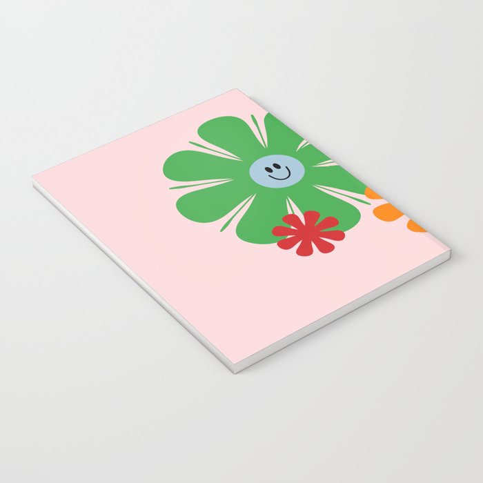 Happy Retro Flowers 60s 70s Smiley Face Colorful Spring Floral on Pink Notebook Gallery Image 3