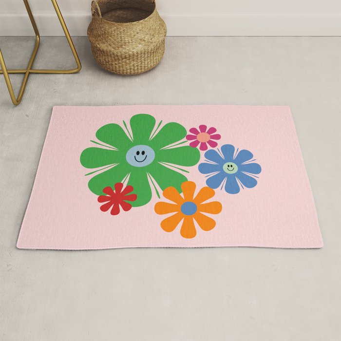 Happy Retro Flowers 60s 70s Smiley Face Colorful Spring Floral on Pink Rug Gallery Image 1