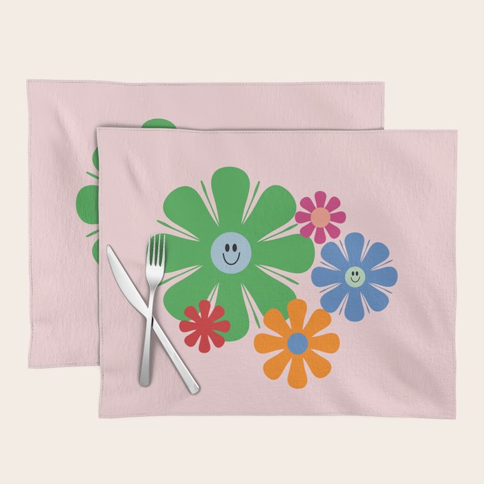 Happy Retro Flowers 60s 70s Smiley Face Colorful Spring Floral on Pink Placemat Gallery Image 1