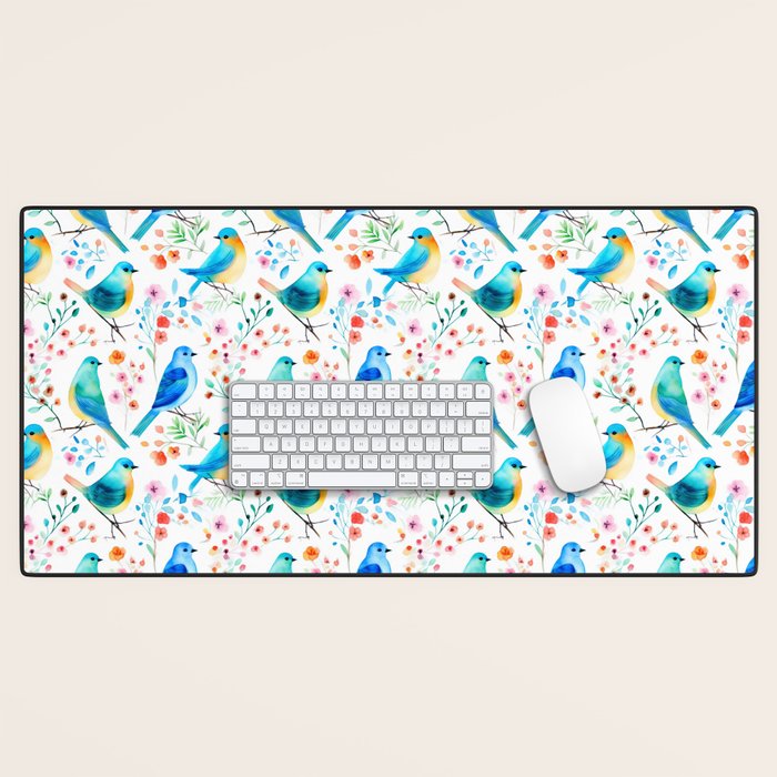 Birds and botanical flowers in a seamless pattern Desk Mat Gallery Image 1