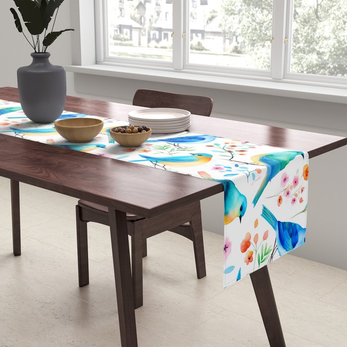 Birds and botanical flowers in a seamless pattern Table Runner Gallery Image 2