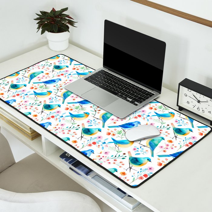 Birds and botanical flowers in a seamless pattern Desk Mat Gallery Image 2