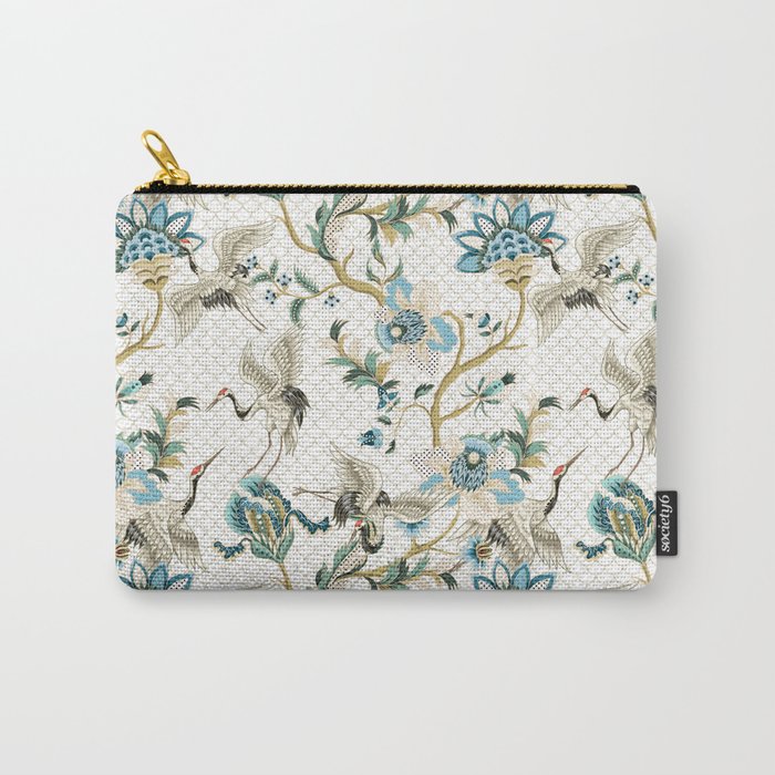 Japanese Ornate Heron Pattern Ivory Silver Blue II Carry All Pouch Gallery Image 1