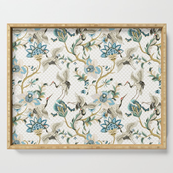 Japanese Ornate Heron Pattern Ivory Silver Blue II Serving Tray Gallery Image 1