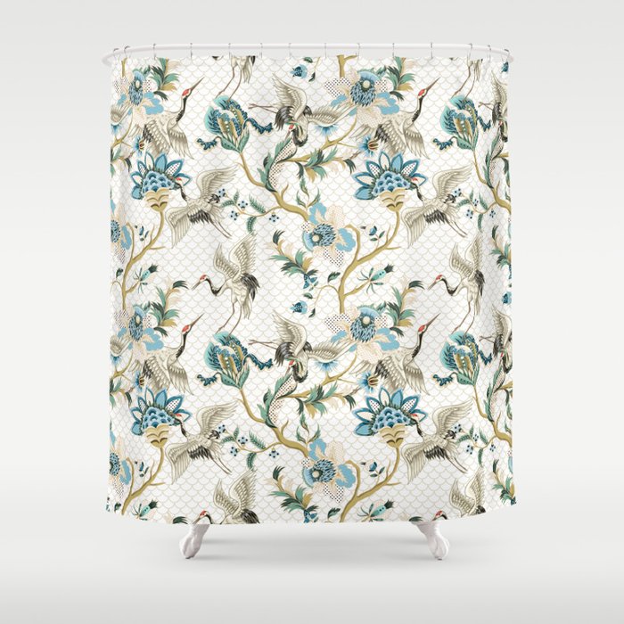 Japanese Ornate Heron Pattern Ivory Silver Blue II Shower Curtain Gallery Image 1