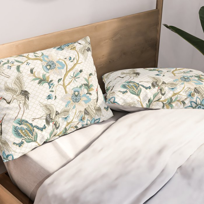 Japanese Ornate Heron Pattern Ivory Silver Blue II Pillow Sham Gallery Image 2