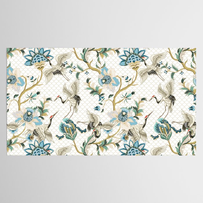 Japanese Ornate Heron Pattern Ivory Silver Blue II Tablecloth Gallery Image 2