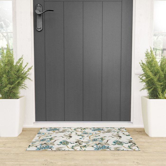 Japanese Ornate Heron Pattern Ivory Silver Blue II Welcome Mat Gallery Image 3