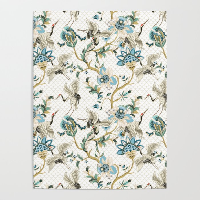 Japanese Ornate Heron Pattern Ivory Silver Blue II Poster Gallery Image 4
