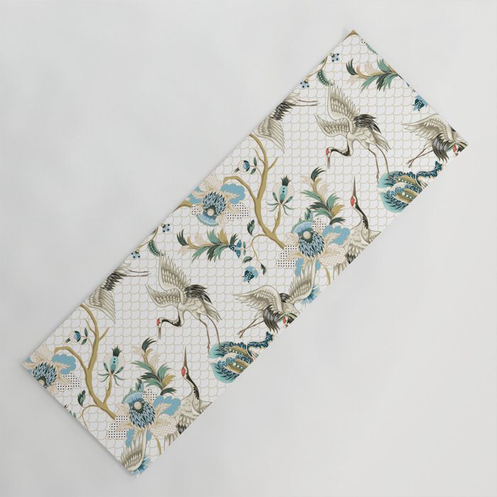 Japanese Ornate Heron Pattern Ivory Silver Blue II Yoga Mat Gallery Image 1