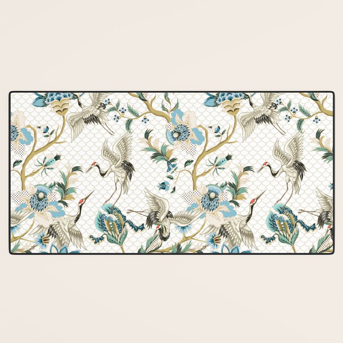 Japanese Ornate Heron Pattern Ivory Silver Blue II Desk Mat Gallery Image 3