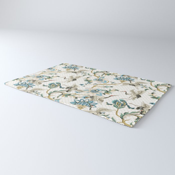 Japanese Ornate Heron Pattern Ivory Silver Blue II Rug Gallery Image 3