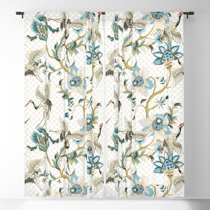 Japanese Ornate Heron Pattern Ivory Silver Blue II Window Curtain Gallery Image 5