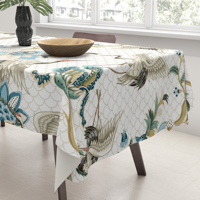 Japanese Ornate Heron Pattern Ivory Silver Blue II Tablecloth Gallery Image 3