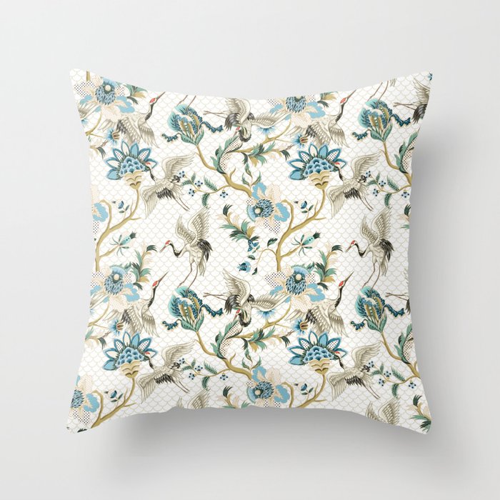 Japanese Ornate Heron Pattern Ivory Silver Blue II Throw Pillow Gallery Image 6