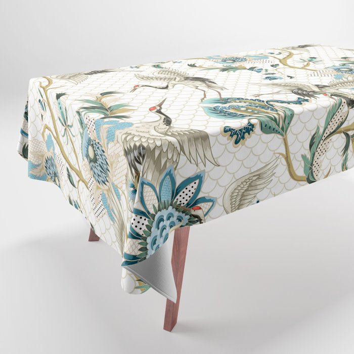 Japanese Ornate Heron Pattern Ivory Silver Blue II Tablecloth Gallery Image 1