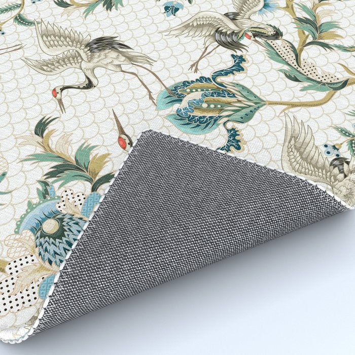 Japanese Ornate Heron Pattern Ivory Silver Blue II Rug Gallery Image 4