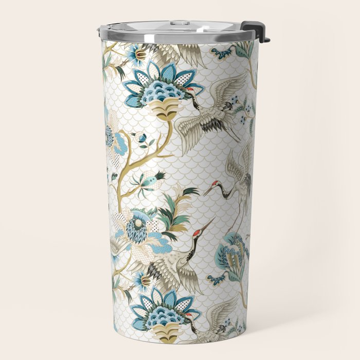 Japanese Ornate Heron Pattern Ivory Silver Blue II Travel Mug Gallery Image 2