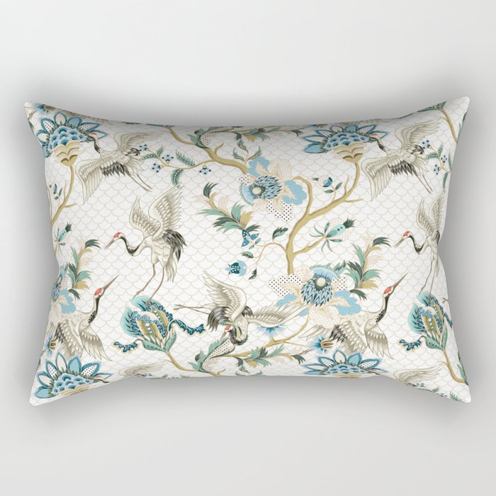 Japanese Ornate Heron Pattern Ivory Silver Blue II Rectangular Pillow Gallery Image 2